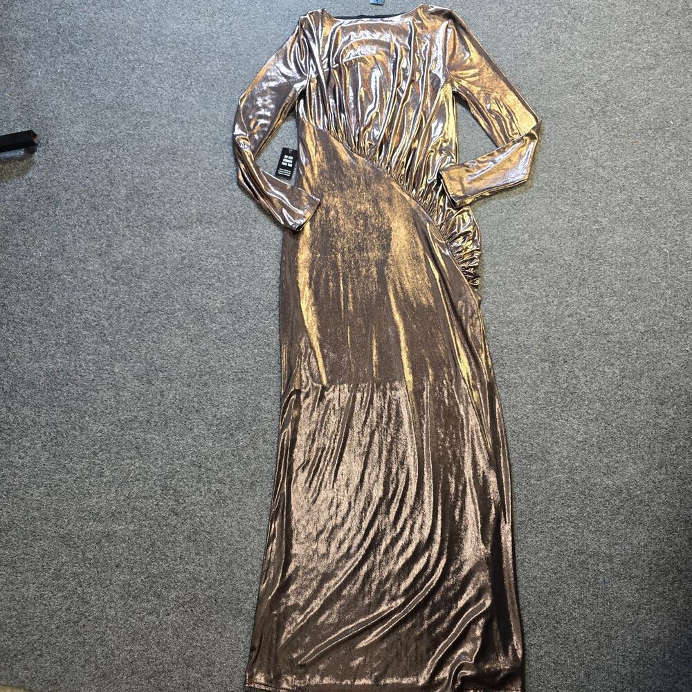 Express Dress Womens Size Small Gold Silver Metallic Ruched Maxi Cocktail Dressy - Picture 11 of 12